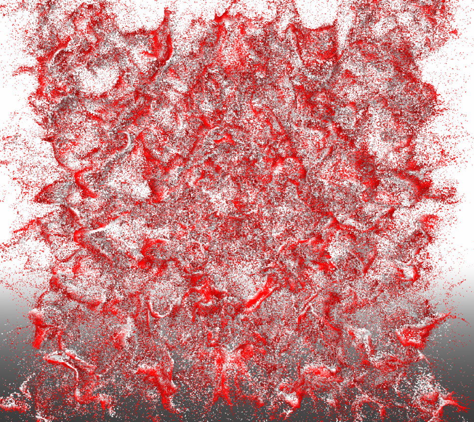 A second red and gray generative flower-like particle field