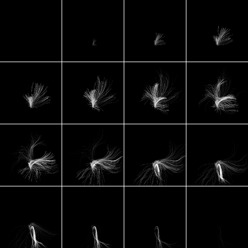 A sequence of a white particle form emerging, operating, decaying, and disappearing