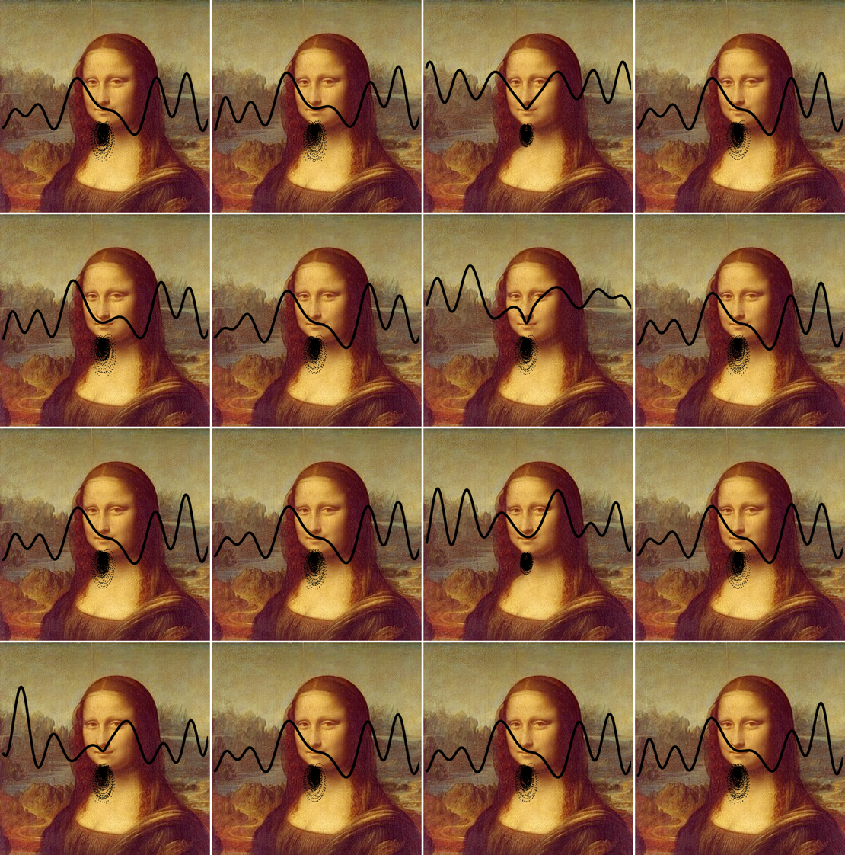 Generated Mona Lisa variations with facial hair produced by self-replicating neural networks